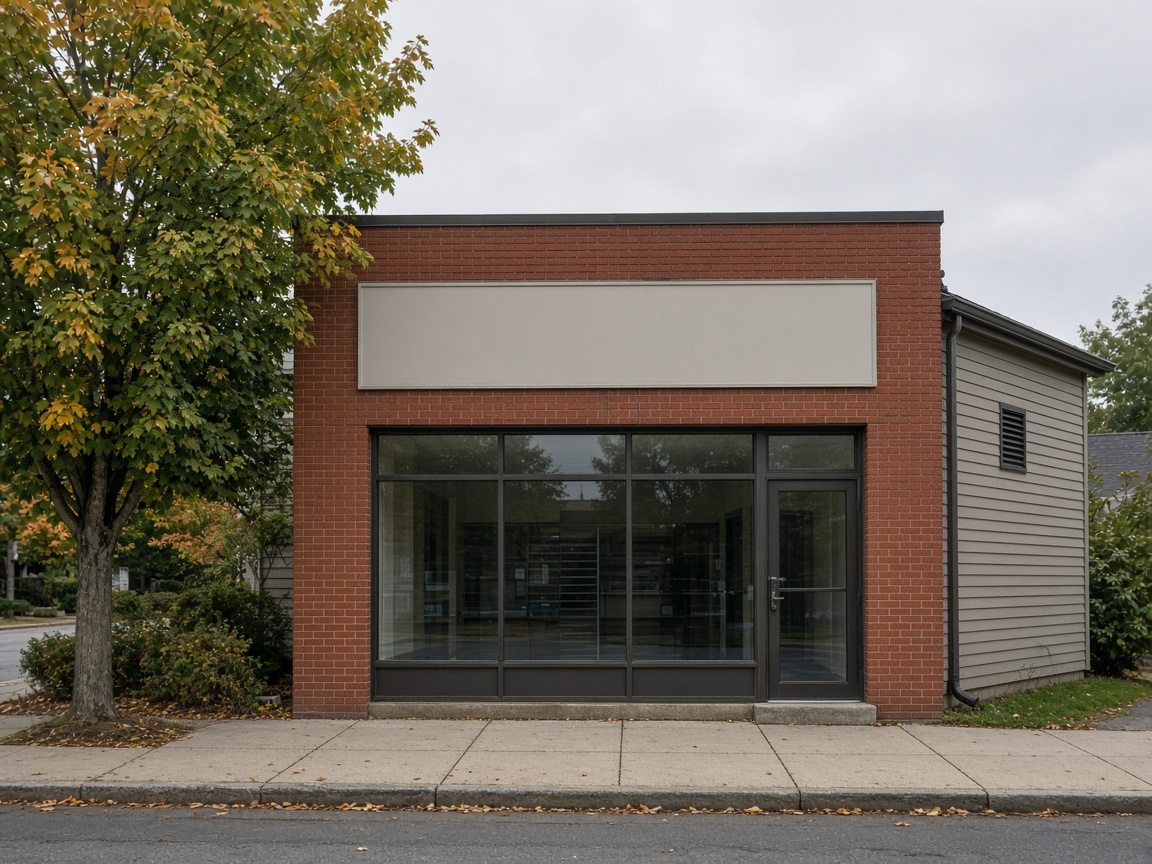 Daylight view of a small brick commercial building